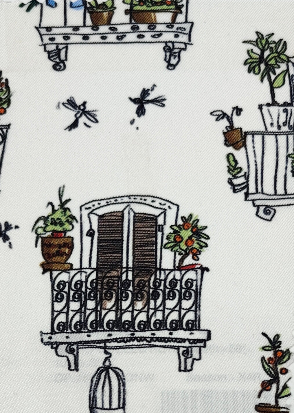 Shirt Fabric Raymond Regio Italia 100% Silk Digital Mediterranean Urban Scene Print Colour White, Brown